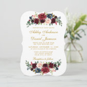 Elegant Gold Floral Blue Burgundy Wedding BR Einladung (Stehend Vorderseite)