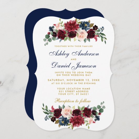 Elegant Gold Floral Blue Burgundy Wedding GB Einladung (Vorne/Hinten)