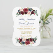 Elegant Gold Floral Blue Burgundy Wedding GB Einladung (Stehend Vorderseite)