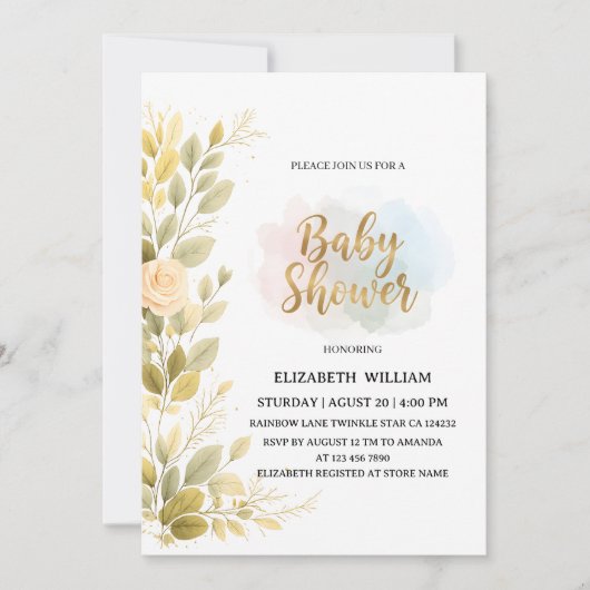 Elegant Gold Floral Botanical Baby Shower  Einladung (Vorderseite)