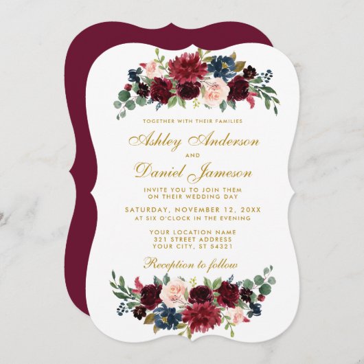 Elegant Gold Floral Burgundy Blue Wedding BR Einladung (Vorne/Hinten)