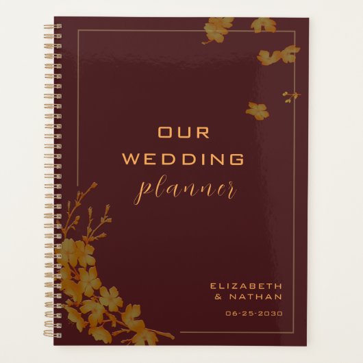 Elegant Gold Floral Burgundy Wedding Planer (Vorderseite)