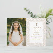 Elegant Gold Floral Communion Thank You Card Einladung (Stehend Vorderseite)