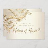 Elegant Gold Floral Damask Script Matron of Honour Einladung (Vorne/Hinten)