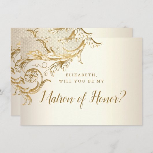 Elegant Gold Floral Damask Script Matron of Honour Einladung (Vorne/Hinten)