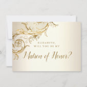 Elegant Gold Floral Damask Script Matron of Honour Einladung (Vorderseite)
