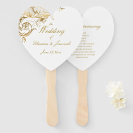 Elegant Gold Floral Damask Script White Wedding Fächer