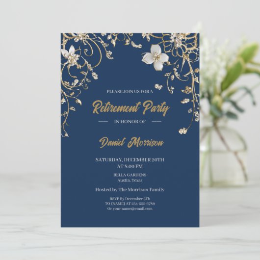 Elegant Gold Floral Frame Retirement 2025 Einladung (Stehend Vorderseite)
