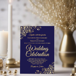 Elegant Gold Floral Frills Dark Navy Blue Wedding Folieneinladung