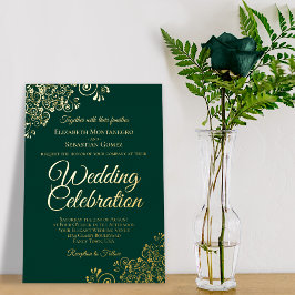 Elegant Gold Floral Frills Emerald Green Wedding Folieneinladung