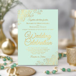 Elegant Gold Floral Frills on Mint Green Wedding Folieneinladung<br><div class="desc">Diese elegante Einladung zum Hochzeitsfeiern beinhaltet echten Foliendruck auf einem hellgrün geprägten Hintergrund. Das wunderschöne Design hat extravagante Schriftzeichen mit zartem Blumengeschmack und Wirbel in den Ecken. Stilvoll, elegant, raffiniert und elegant, ist diese Einladung extravagant und glänzend. Eine wunderschöne und elegante Art, Freunde und Familie zu einem unvergesslichen Erlebnis zu...</div>