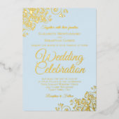 Elegant Gold Floral Frills on Powder Blue Wedding Folieneinladung (Vorderseite)