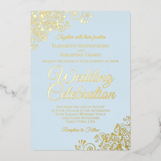Elegant Gold Floral Frills on Powder Blue Wedding Folieneinladung (Vorderseite)