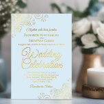 Elegant Gold Floral Frills on Powder Blue Wedding Folieneinladung<br><div class="desc">Diese elegante Einladung zum Hochzeitsfeiern beinhaltet echten Foliendruck auf einem blass pulverblauen Hintergrund. Das wunderschöne Design hat extravagante Schriftzeichen mit verzierten Blumenbögen und Wirbel in den Ecken. Stilvoll, elegant, raffiniert und elegant, ist diese Einladung extravagant und glänzend. Eine wunderschöne und elegante Art, Freunde und Familie zu einem unvergesslichen Erlebnis zu...</div>