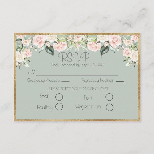 Elegant Gold Floral Green Script Wedding RSVP Karte (Vorderseite)