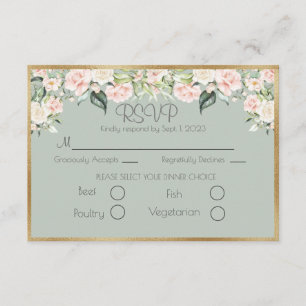 Elegant Gold Floral Green Script Wedding RSVP Karte