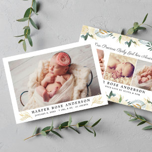 Elegant Gold Floral Greenery Baby Girl Foto Birth Ankündigung