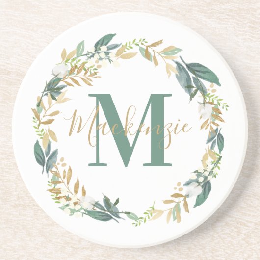 Elegant Gold Floral Greenery Monogram Wreath Getränkeuntersetzer (Vorne)