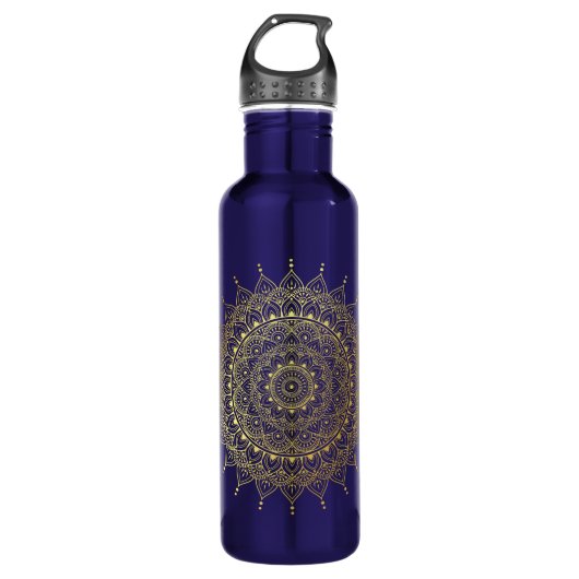 Elegant Gold Floral Henna Mandala Edelstahlflasche (Vorderseite)