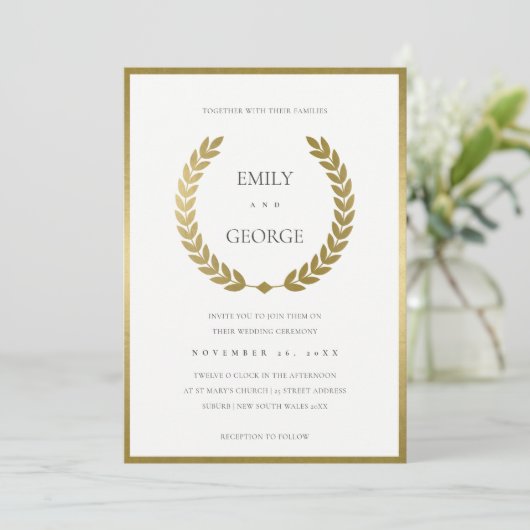 ELEGANT GOLD FLORAL LAUREL WREATH WEDD INVITE DANKESKARTE (Stehend Vorderseite)