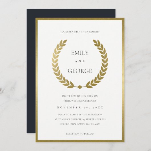 ELEGANT GOLD FLORAL LAUREL WREATH WEDD INVITE DANKESKARTE (Vorne/Hinten)
