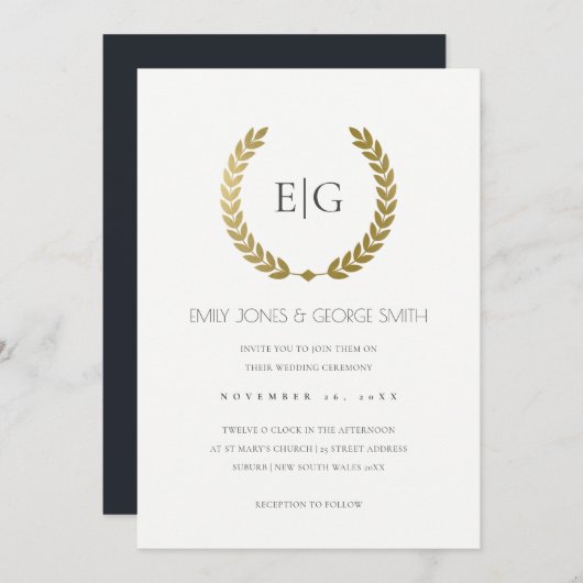 ELEGANT GOLD FLORAL LAUREL WREATH WEDD INVITE DANKESKARTE (Vorne/Hinten)