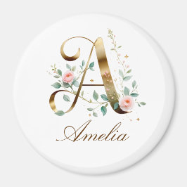 Elegant Gold Floral Letter A Round Fridge Magnet