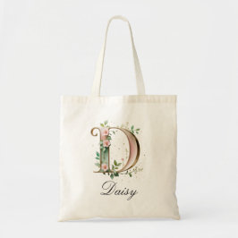 Elegant Gold Floral Letter D Monogram Tote Bag Tragetasche