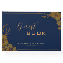 Elegant Gold Floral Navy Blue Gästebuch