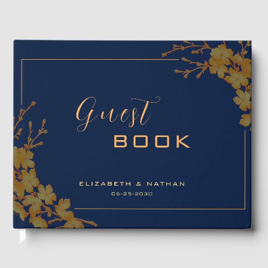 Elegant Gold Floral Navy Blue Gästebuch (Vorderseite)