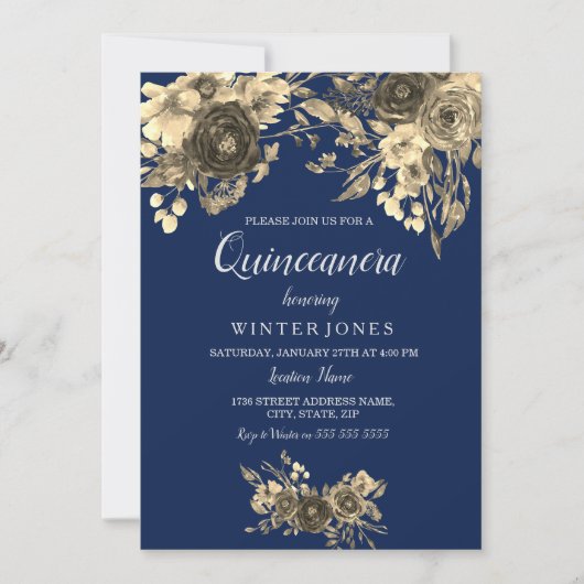 Elegant Gold Floral Navy Blue Quinceanera Inivte Einladung (Vorderseite)