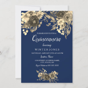 Elegant Gold Floral Navy Blue Quinceanera Inivte Einladung