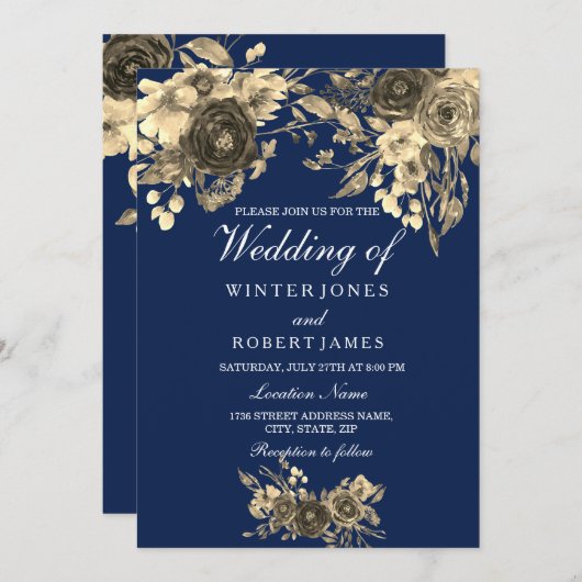 Elegant Gold Floral Navy Blue Wedding Einladung (Vorne/Hinten)