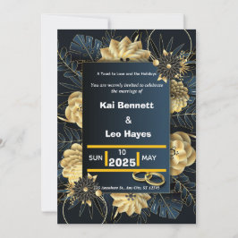 Elegant Gold Floral Navy Holiday Wedding Invite Einladung