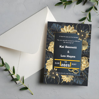 Elegant Gold Floral Navy Holiday Wedding Invite Einladung