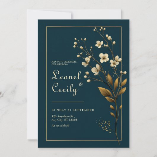 Elegant Gold Floral Navy Wedding Einladung (Vorderseite)