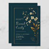 Elegant Gold Floral Navy Wedding Einladung (Vorne/Hinten)