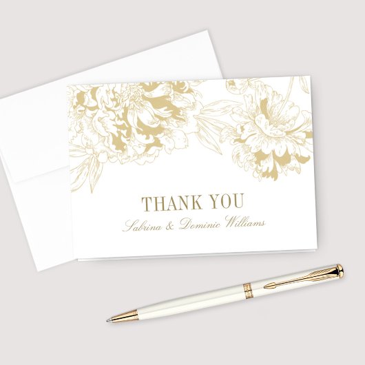 Elegant Gold Floral Peony Wedding Monogram Dankeskarte