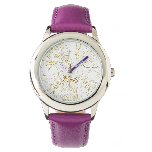 Elegant Gold Floral Purple Leather Personalized Armbanduhr (Vorderseite)