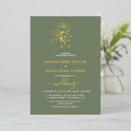 Elegant Gold Floral Sage Green Monogram Wedding Folieneinladung