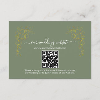 Elegant Gold Floral Sage Green QR Code Wedding  Begleitkarte