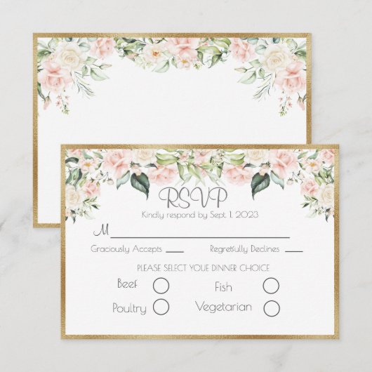 Elegant Gold Floral Script Wedding RSVP Karte (Vorne/Hinten)