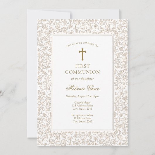 Elegant Gold Floral Traditional First Communion Einladung (Vorderseite)