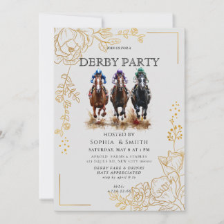 Elegant Gold Floral & Triple Horse Derby Party Inv Einladung