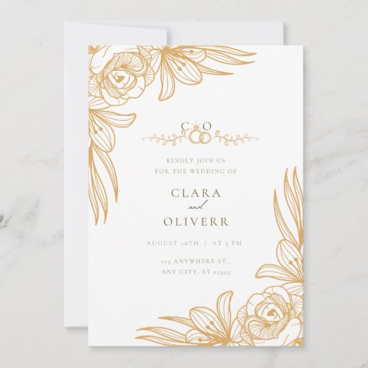 Elegant Gold Floral Wedding Invitation Einladung (Vorderseite)