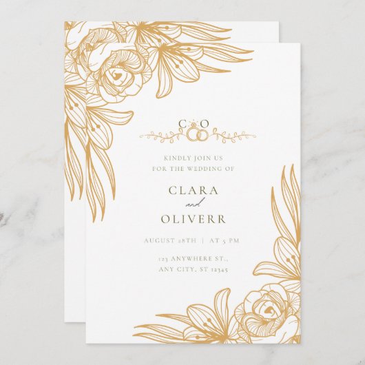 Elegant Gold Floral Wedding Invitation Einladung (Vorne/Hinten)