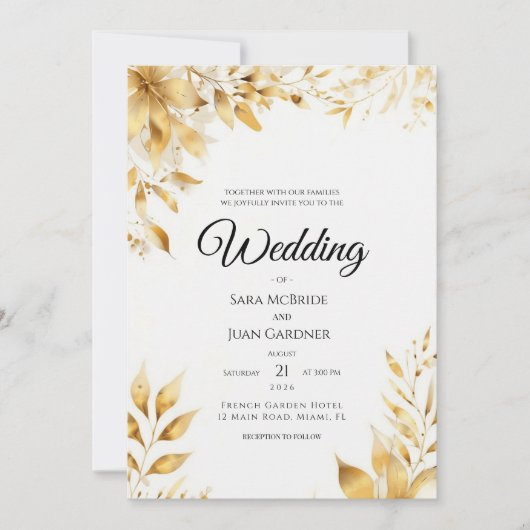 Elegant Gold Floral Wedding Invitation Einladung (Vorderseite)