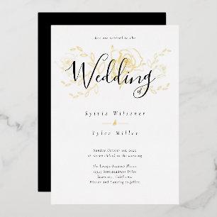Elegant Gold Floral White Black Wedding Folieneinladung