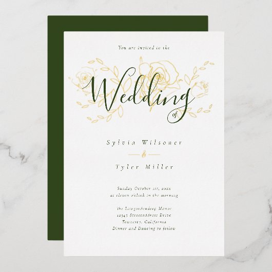 Elegant Gold Floral White Green Wedding Folieneinladung (Vorderseite/Rückseite)