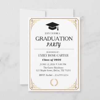Elegant Gold Flourish Black Graduation Party Einladung